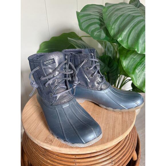 Sperry Blue Metallic Saltwater Duck Boots Girls Size 5 Rain Winter Booties - Picture 5 of 9